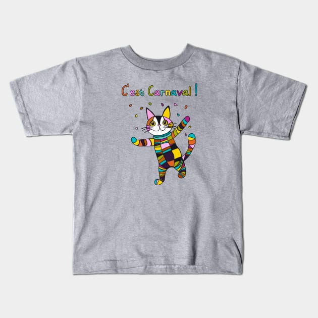 C'est Carnaval! Carnival, Mardi Gras Harlequin Cat Kids T-Shirt by Babush-kat